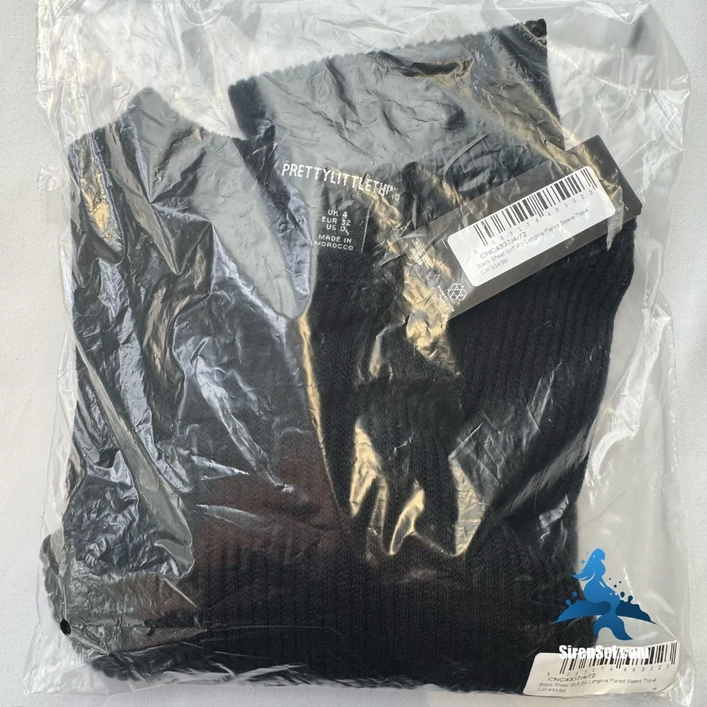 1106 NWT PrettyLittleThing Soft Rib Flared Sleeve Top - Size 0 - Black - Picture 6 of 11